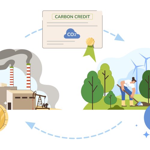 Carbon credit or offsets concept. Reduce CO2 pollution with permit certificate. Greenhouse gases regulation, pricing for dioxide balance control. Sustainability flat vector illustration