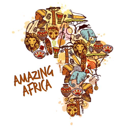 Africa concept with sketch african symbols in continent shape vector illustration