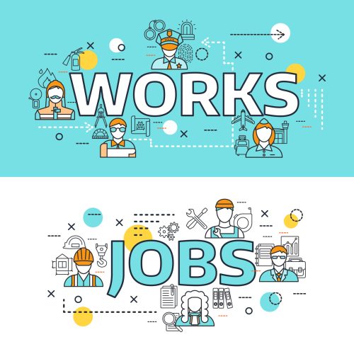 Two horizontal professions avatars line banner set with works and jobs headlines vector illustration